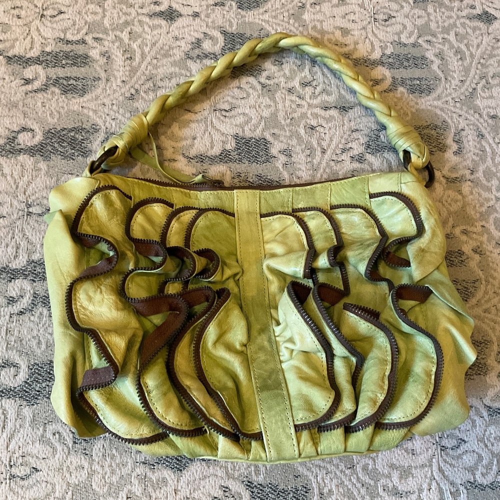 Susan Farber Uniquely Designed Green Zipper Ruffle Genuine Leather Handbag.